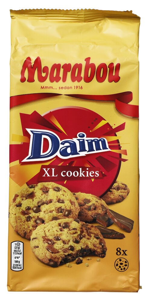 Gelbe Verpackung mit Marabou Daim XL Keksen.