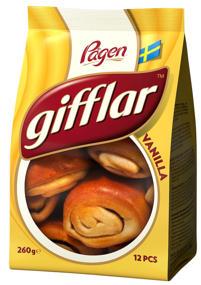 Eine gelbe Tüte mit kleinen Vanillebrötchen.