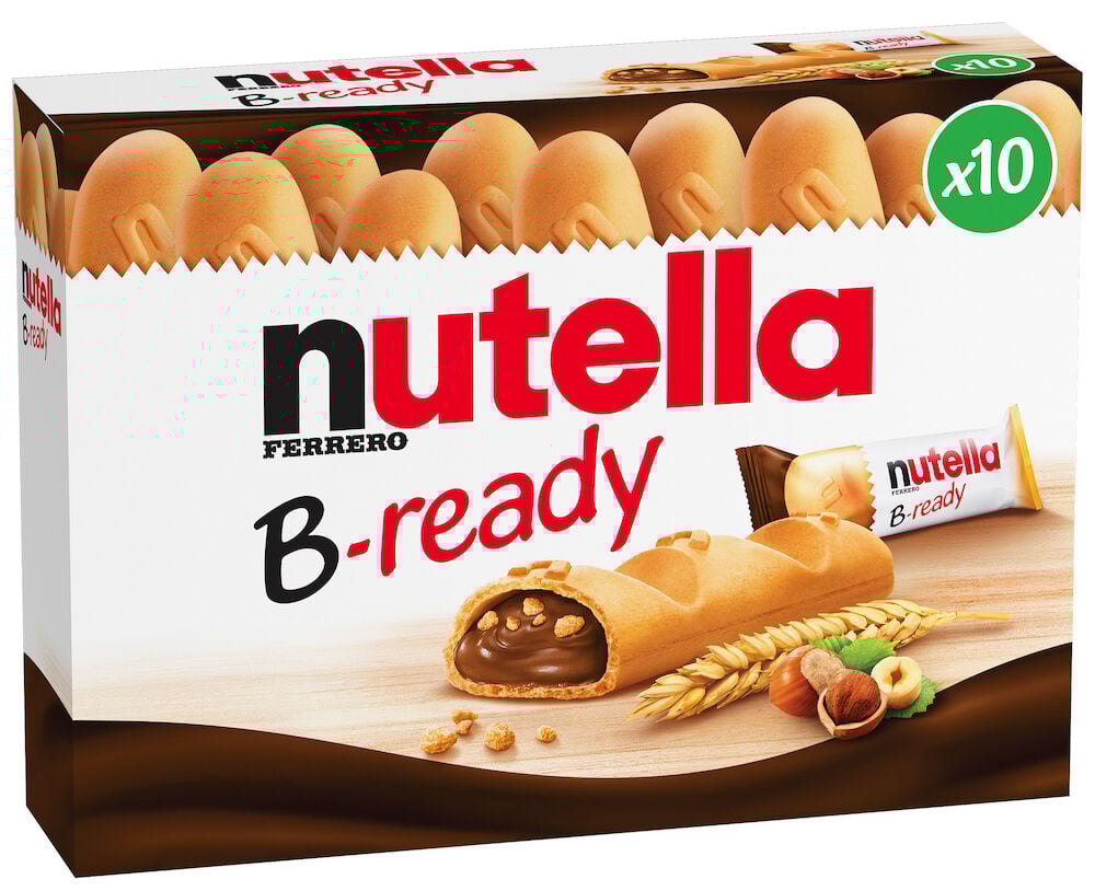 Förpackning med tio Nutella B-Ready våffelbars.