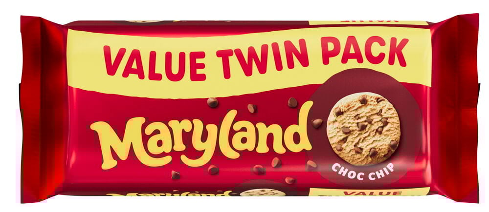 Röd förpackning med maryland kakor och chokladbitar.