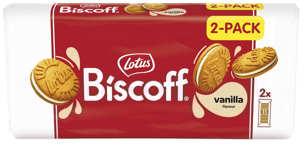 Förpackning med två vaniljfyllda Biscoff kexpaket.