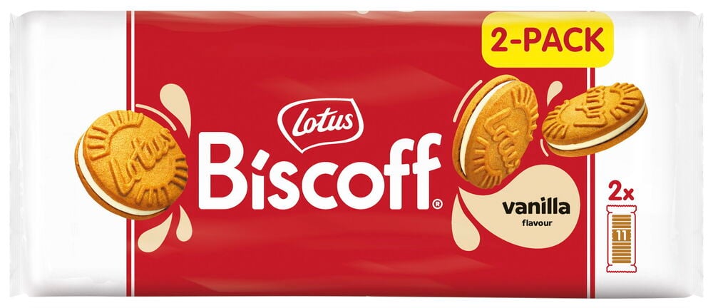 Zwei Packungen Biscoff Vanillekekse vor rotem Hintergrund.