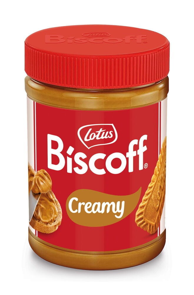 Boks med rød lokk og Lotus Biscoff kremet smør.