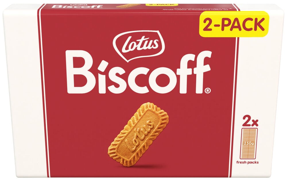 Röd förpackning med två pack Lotus Biscoff kakor.