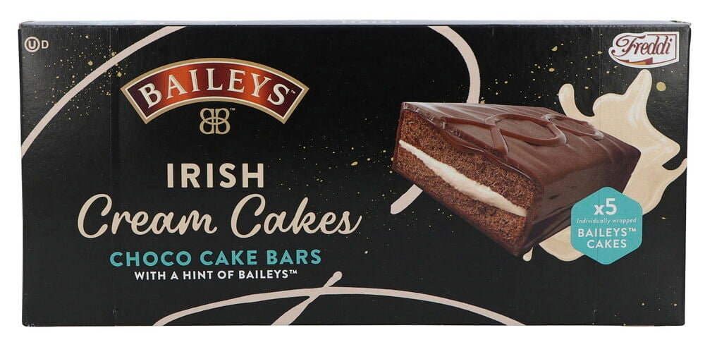 Schwarze Verpackung von Kuchen Baileys 5x39 g, zeigt Schokokuchenriegel mit weißer Cremefüllung.