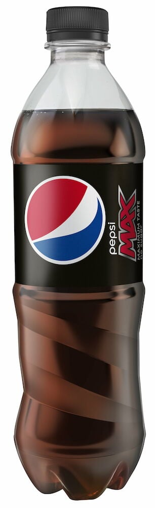 En plastflaska med svart etikett och Pepsi Max.