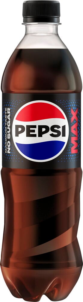 Plastflaska med svart kork Pepsi Max etikett.