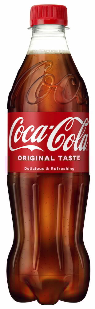 En plastflaska med röd Coca-Cola etikett.