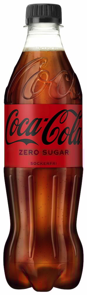 Plastflaska med svart lock och Coca Cola Zero etikett.