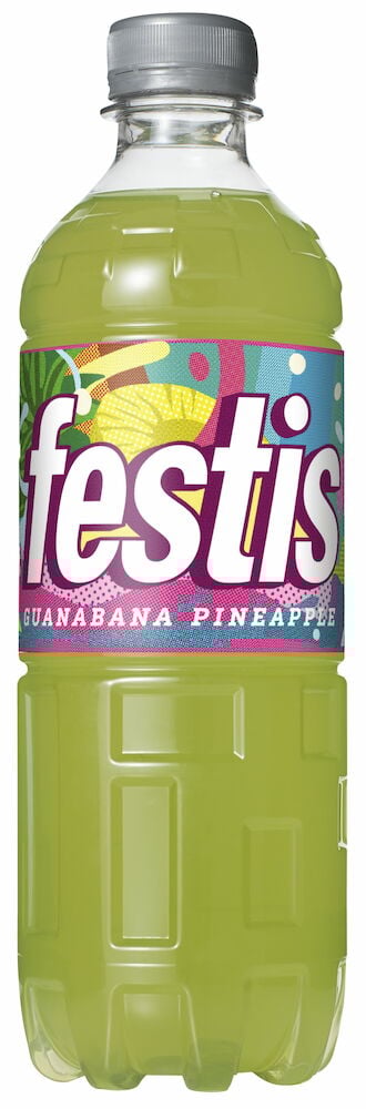 Grön dryck i plastflaska med färgglad etikett.