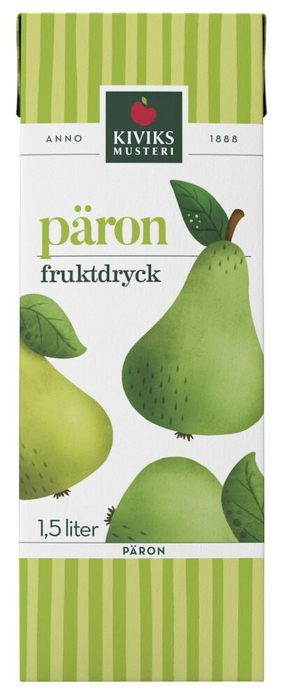 Grön dryckeskartong med päronillustration och text.