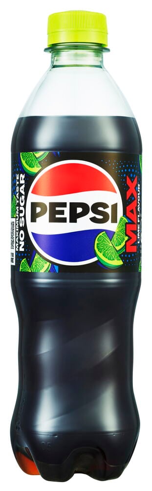 Plastflaske med Pepsi Max limeetikett og grønt lokk.