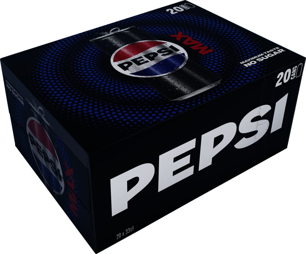 En blå kartong Pepsi Max med tjugo burkar.