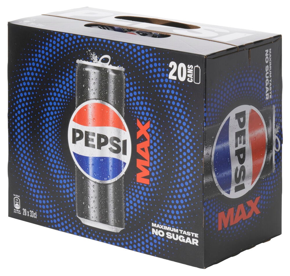 Svart kartong med Läsk Pepsi Max 20x33 cl, med burkbild, röd 'MAX'-text och blåa prickar.