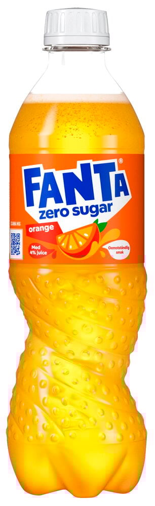 Läsk Fanta 50 cl Orange Zero, en orange plastflaska med vit kork och orange etikett.
