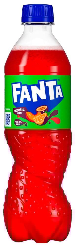 Läsk Fanta 50 cl Exotic flaska med röd vätska, grön etikett och blå kapsyl.