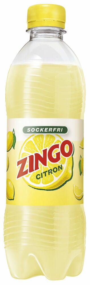 En gul dryckesflaska med texten Zingo Citron.