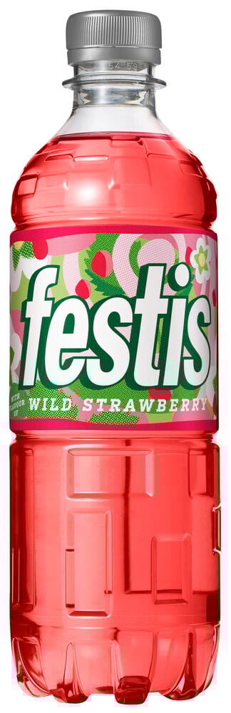 En rosa dryckesflaska med etiketten Festis Smultron.