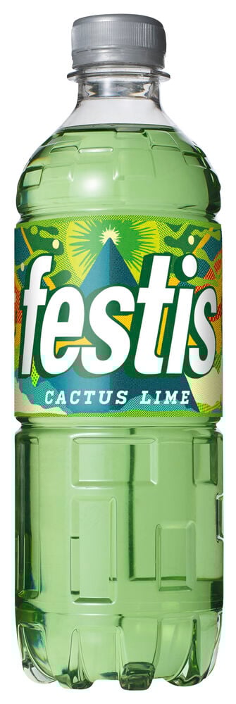 En grön Festis 50 cl Cactus & Lime dryck i en plastflaska med silverkork och en färgglad etikett.