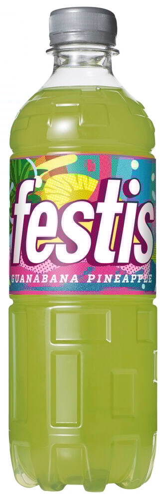 Dryck Festis 50 cl Guanabana pineapple i klar flaska med grå kork och färgglad etikett.