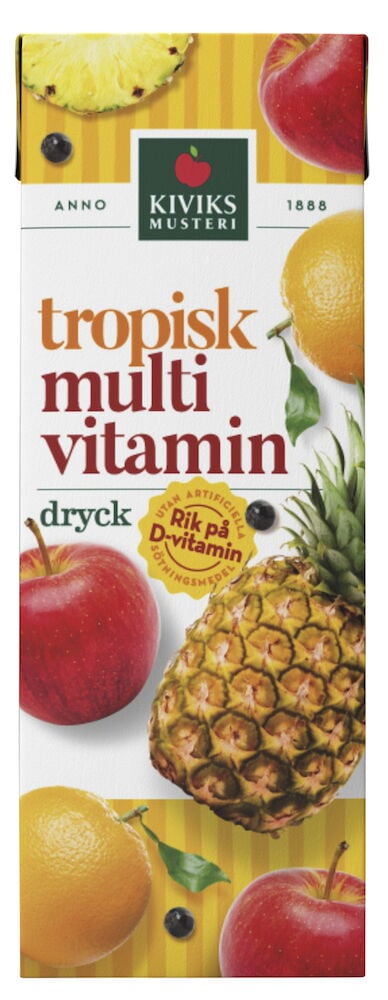 Fyrkantig förpackning med färska tropiska frukter.