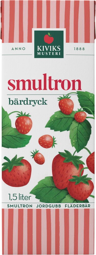Smultrondryck i randig förpackning med bärillustration.