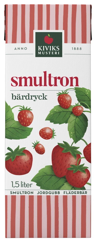 Röd och vit dryckeskartong med smultronmotiv.