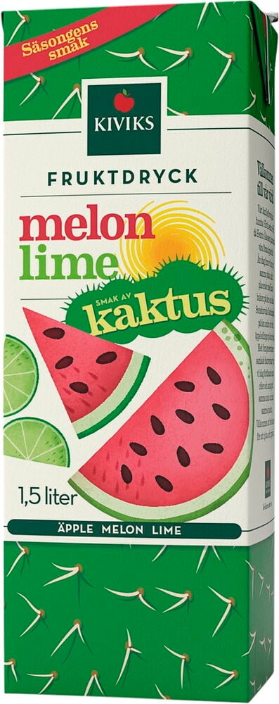 Grön dryckesförpackning med melon lime och kaktusmotiv.