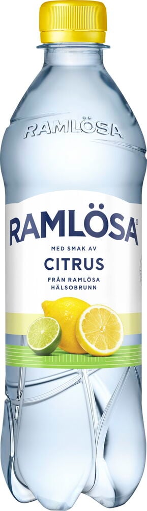 Kolsyrat vatten Ramlösa 50 cl Citrus i en klar plastflaska med gul kork och citrusfruktetikett.