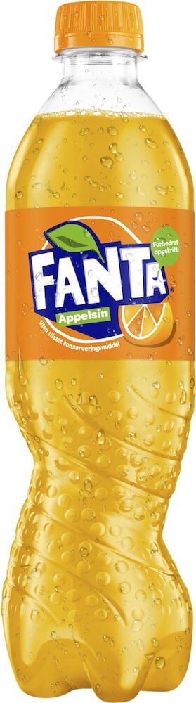 En oransje PET-flaske med Fanta appelsinbrus.