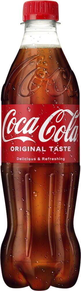 PET-flaske med rød Coca-Cola originaletikett og kork.
