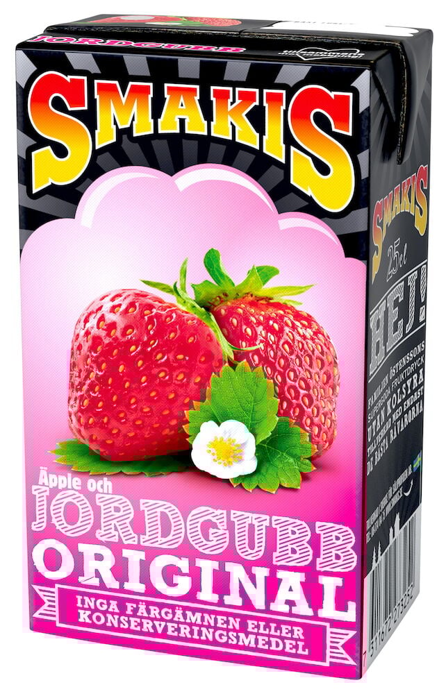 Dryckesförpackning med jordgubbe och äpple på framsidan.