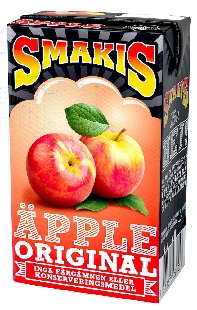 Tetra pak med äppeldryck och två röda äpplen.
