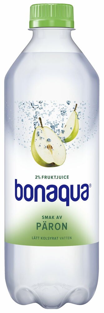 Genomskinlig PET-flaska med grön kork och päronetikett.