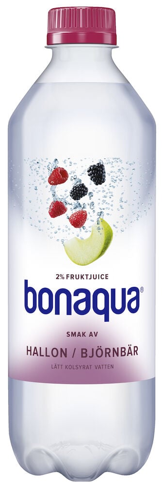 Plastflaska med hallon och björnbär på etiketten.