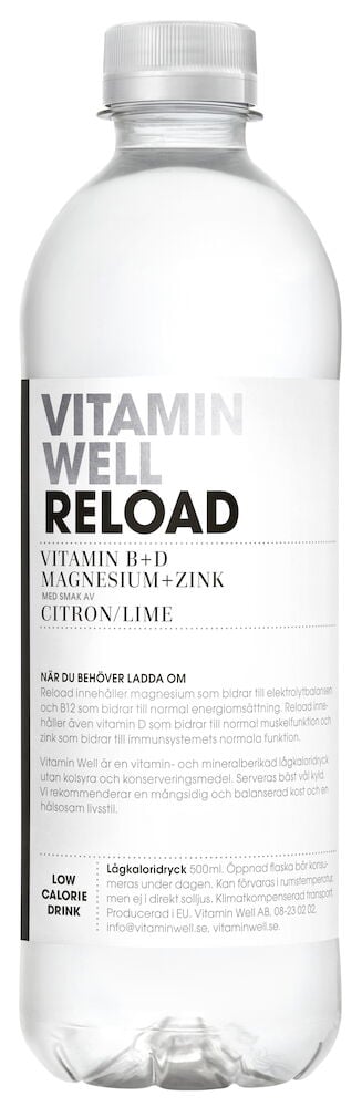 Transparent plastflaska med etikett Vitamin Well Reload.