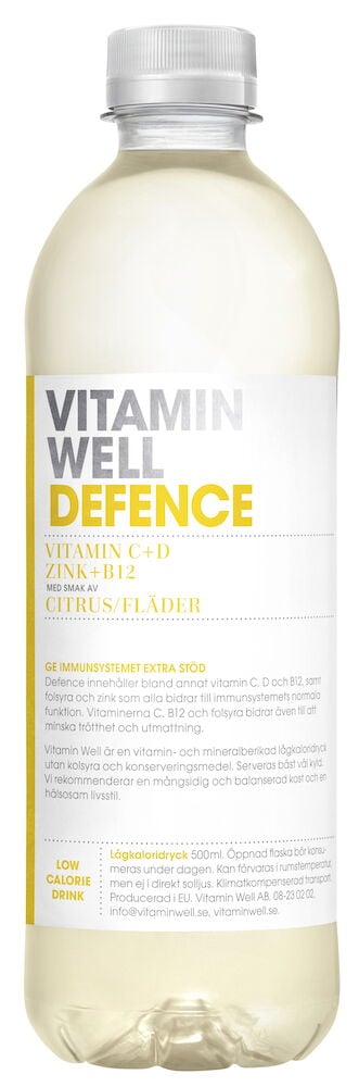 Genomskinlig plastflaska med gul etikett och text.