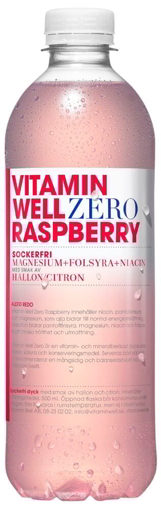 Genomskinlig PET-flaska med rosa dryck och etikett.