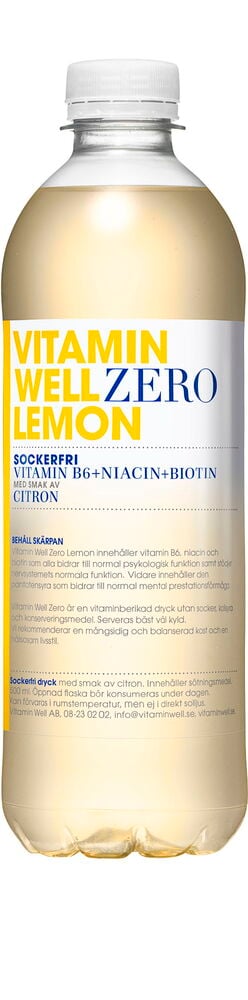 Dryck Vitamin Well 50 cl Zero Lemon i klar plastflaska med vit kork och gulcitronsmakande vätska.