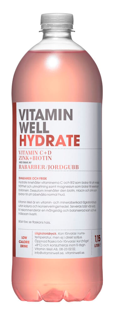 En klar plastflaska med rosa Dryck Vitamin Well 1,15 l Hydrate och vit etikett.
