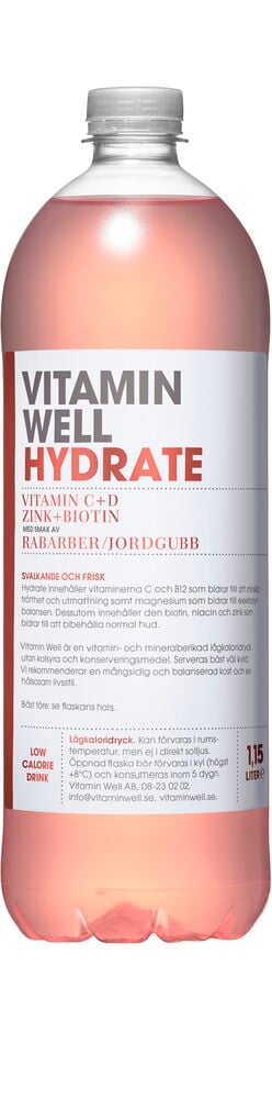 Dryck Vitamin Well 1,15 l Hydrate, rosa vätska i en klar flaska med vit kork.