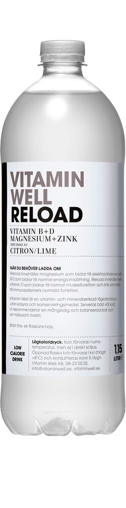 Dryck Vitamin Well 1,15 l Reload i en klar plastflaska med vit etikett och kork.