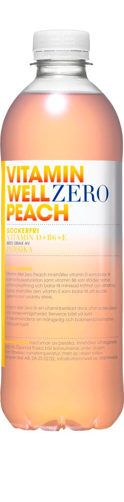 En klar plastflaska med Dryck Vitamin Well 1,15 l Zero Peach och vit skruvkork.