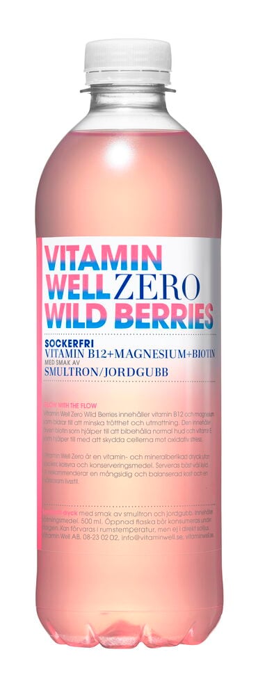 Dryck Vitamin Well 50 cl Zero Wild Berries, en klar flaska med rosa vätska och vit kork.