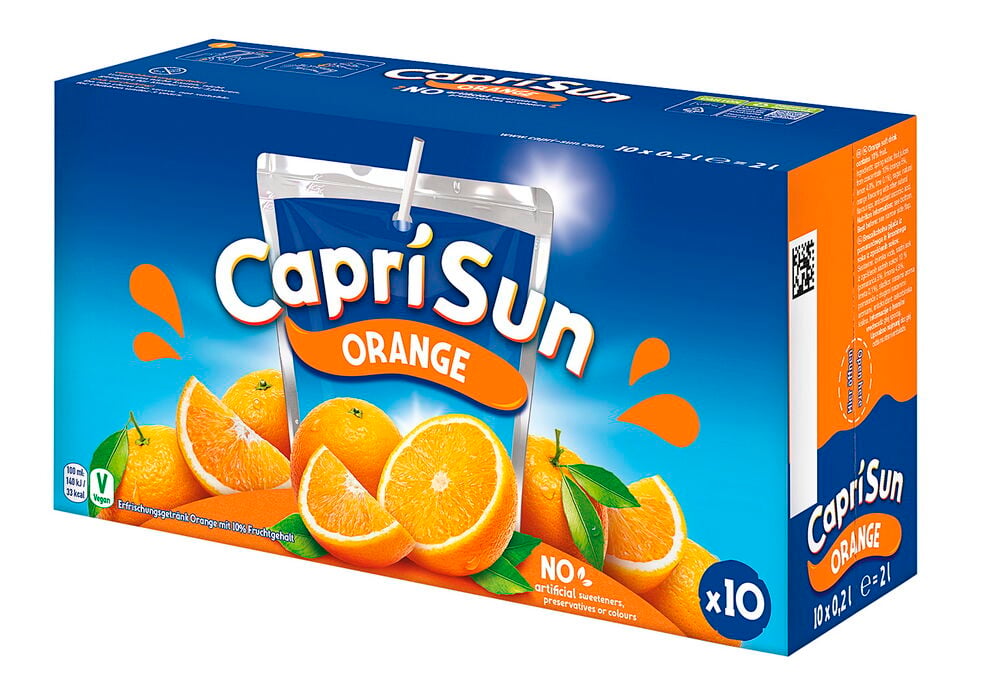 Blå flerpakksboks Drikke Capri-Sun 10x20 cl Orange, med appelsiner og en juicepose med sugerør.