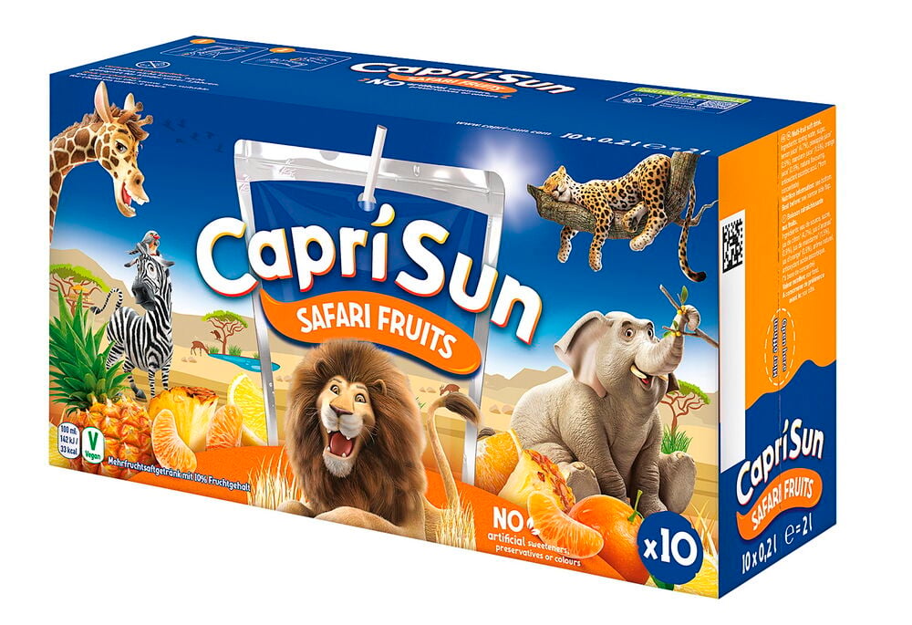 Drikke Capri-Sun 10x20 cl Safari blå kartongeske med safari dyr og blandede frukter.