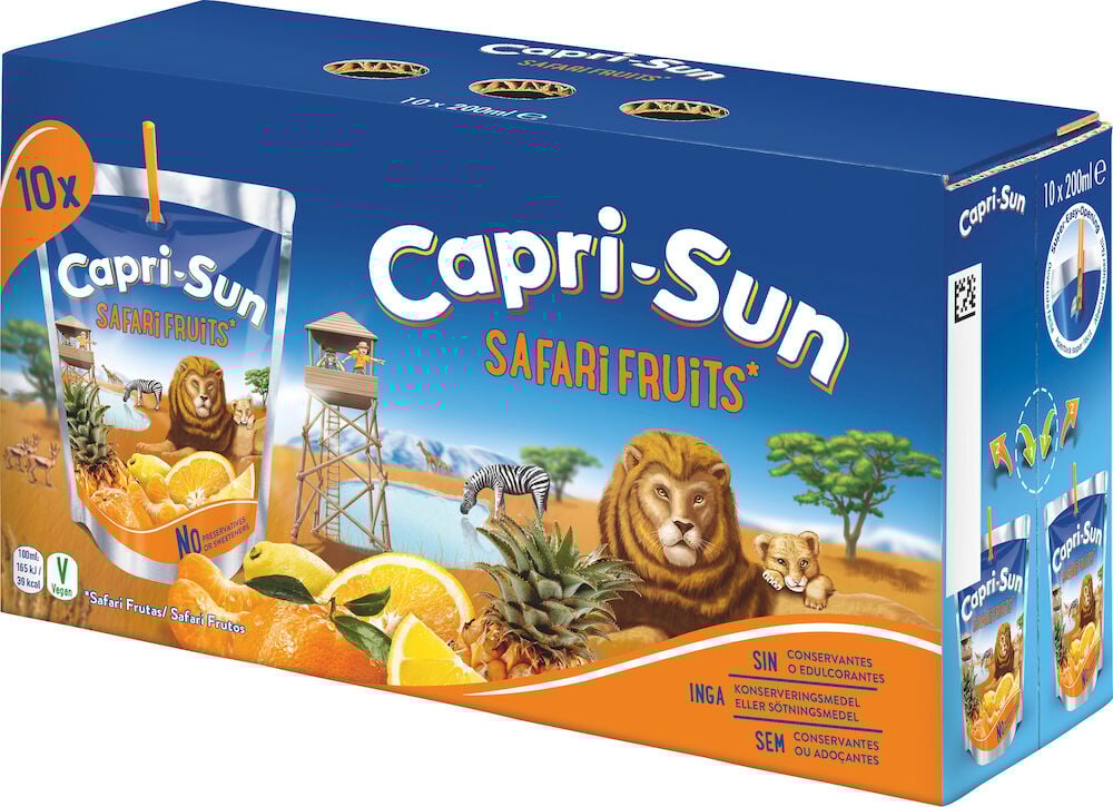 Blaue Capri-Sun-Kartonschachtel mit Safari- und Fruchtmotiv.