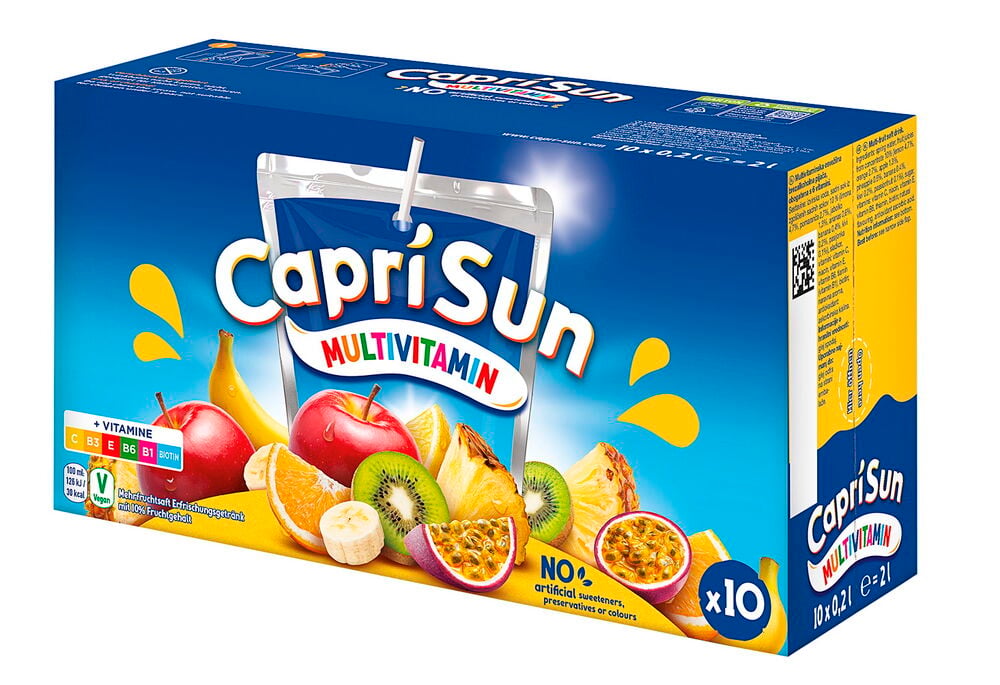 En blå multipack eske med Drikke Capri-Sun 10x20 cl Multivitamin, med fruktbilder og tekst.