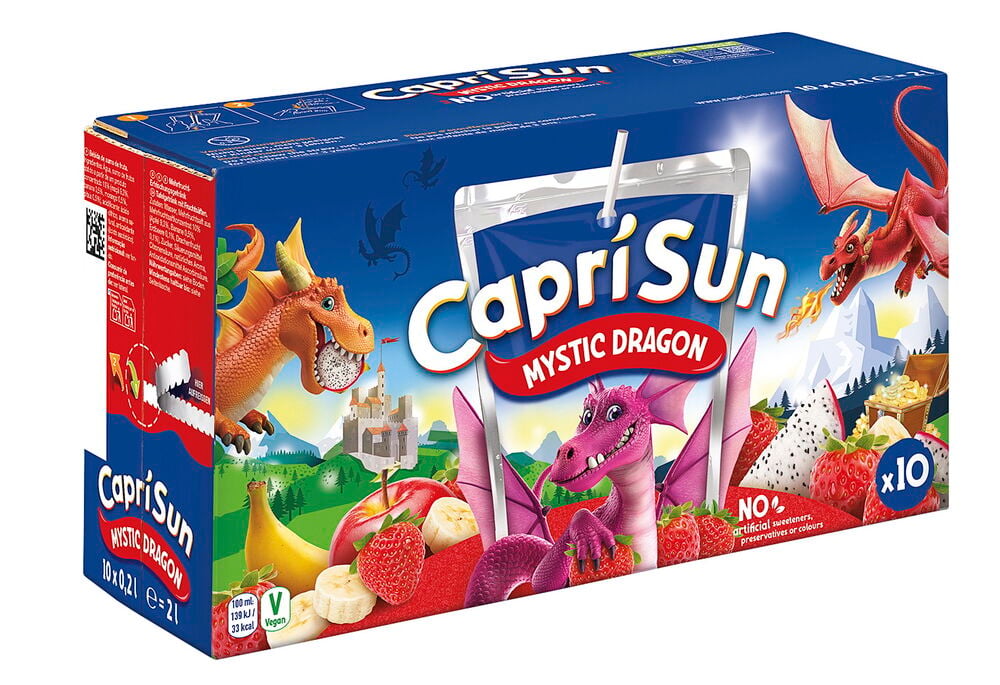 En blå Capri-Sun 10x20 cl Mystic Dragon drikkeboks med drage- og fruktillustrasjoner, viser 10 poser.