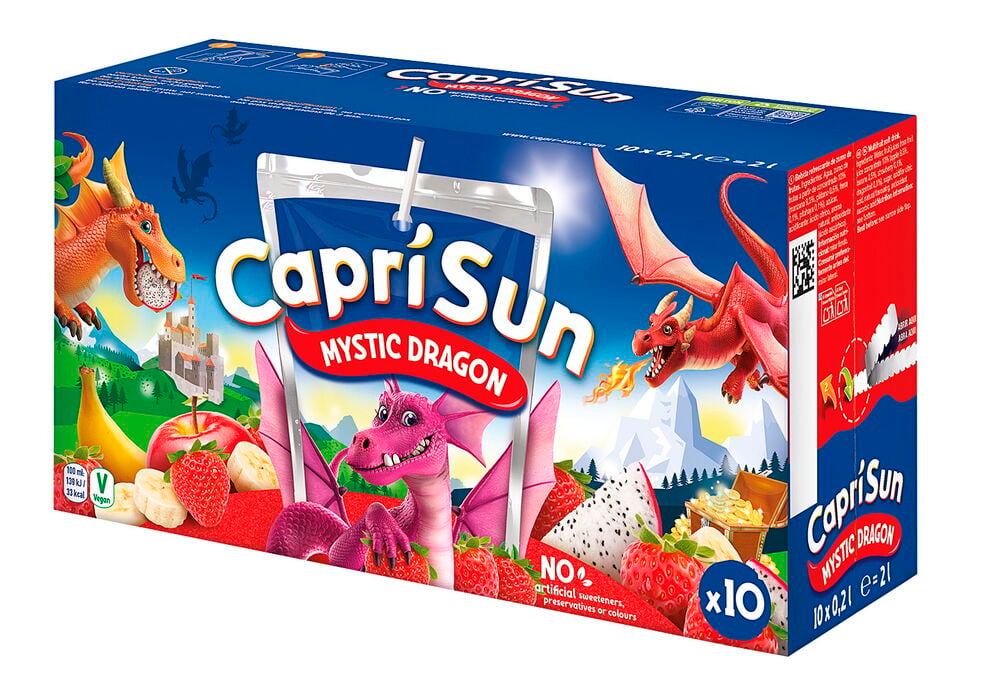 Blaue Capri-Sun 10x20 cl Mystic Dragon Getränkebox mit sichtbarem Trinkbeutel, Drachen und Früchten.